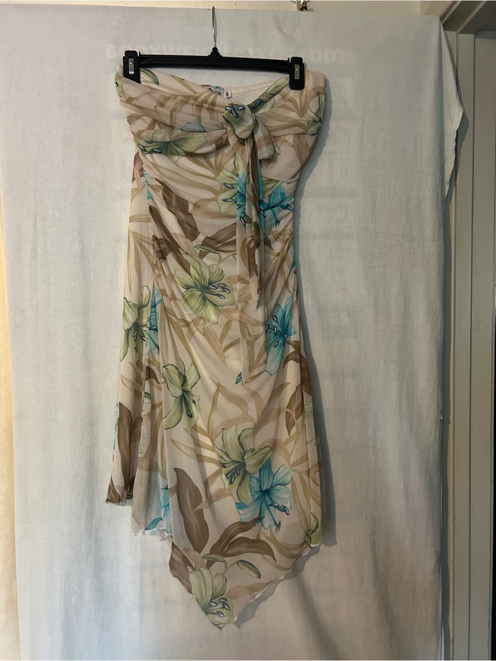 Trixxi Strapless Floral Handkerchief Hem Dress with Bow in Cream, Blue and Green